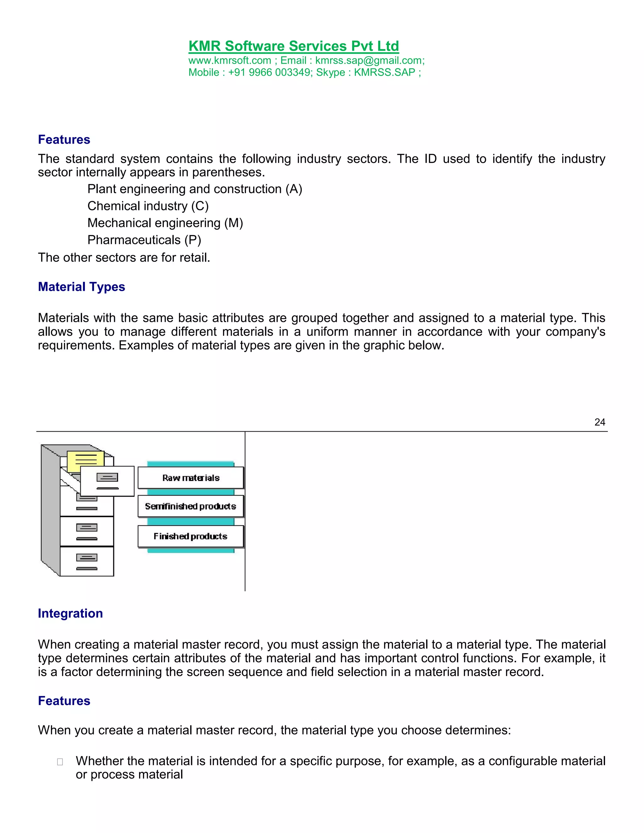 KMR Software Services Pvt Ltd
www.kmrsoft.com ; Email : kmrss.sap@gmail.com;
Mobile : +91 9966 003349; Skype : KMRSS.SAP ;

Features
The standard system contains the following industry sectors. The ID used to identify the industry
sector internally appears in parentheses.
Plant engineering and construction (A)
Chemical industry (C)
Mechanical engineering (M)
Pharmaceuticals (P)
The other sectors are for retail.
Material Types
Materials with the same basic attributes are grouped together and assigned to a material type. This
allows you to manage different materials in a uniform manner in accordance with your company's
requirements. Examples of material types are given in the graphic below.

24

Integration
When creating a material master record, you must assign the material to a material type. The material
type determines certain attributes of the material and has important control functions. For example, it
is a factor determining the screen sequence and field selection in a material master record.
Features
When you create a material master record, the material type you choose determines:


Whether the material is intended for a specific purpose, for example, as a configurable material
or process material 

 