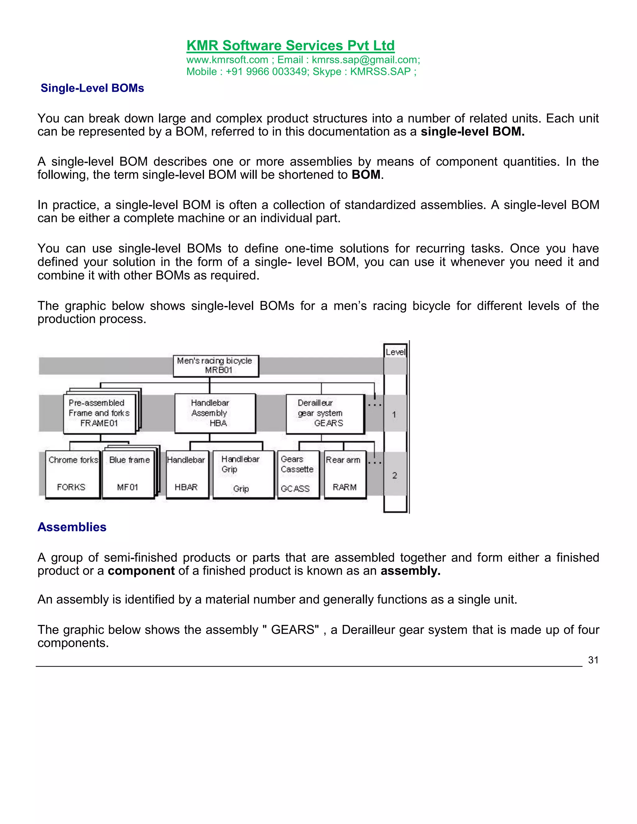 KMR Software Services Pvt Ltd
www.kmrsoft.com ; Email : kmrss.sap@gmail.com;
Mobile : +91 9966 003349; Skype : KMRSS.SAP ;

Single-Level BOMs

You can break down large and complex product structures into a number of related units. Each unit
can be represented by a BOM, referred to in this documentation as a single-level BOM.
A single-level BOM describes one or more assemblies by means of component quantities. In the
following, the term single-level BOM will be shortened to BOM.
In practice, a single-level BOM is often a collection of standardized assemblies. A single-level BOM
can be either a complete machine or an individual part.
You can use single-level BOMs to define one-time solutions for recurring tasks. Once you have
defined your solution in the form of a single- level BOM, you can use it whenever you need it and
combine it with other BOMs as required.
The graphic below shows single-level BOMs for a men‟s racing bicycle for different levels of the
production process.

Assemblies
A group of semi-finished products or parts that are assembled together and form either a finished
product or a component of a finished product is known as an assembly.
An assembly is identified by a material number and generally functions as a single unit.
The graphic below shows the assembly " GEARS" , a Derailleur gear system that is made up of four
components.
31

 