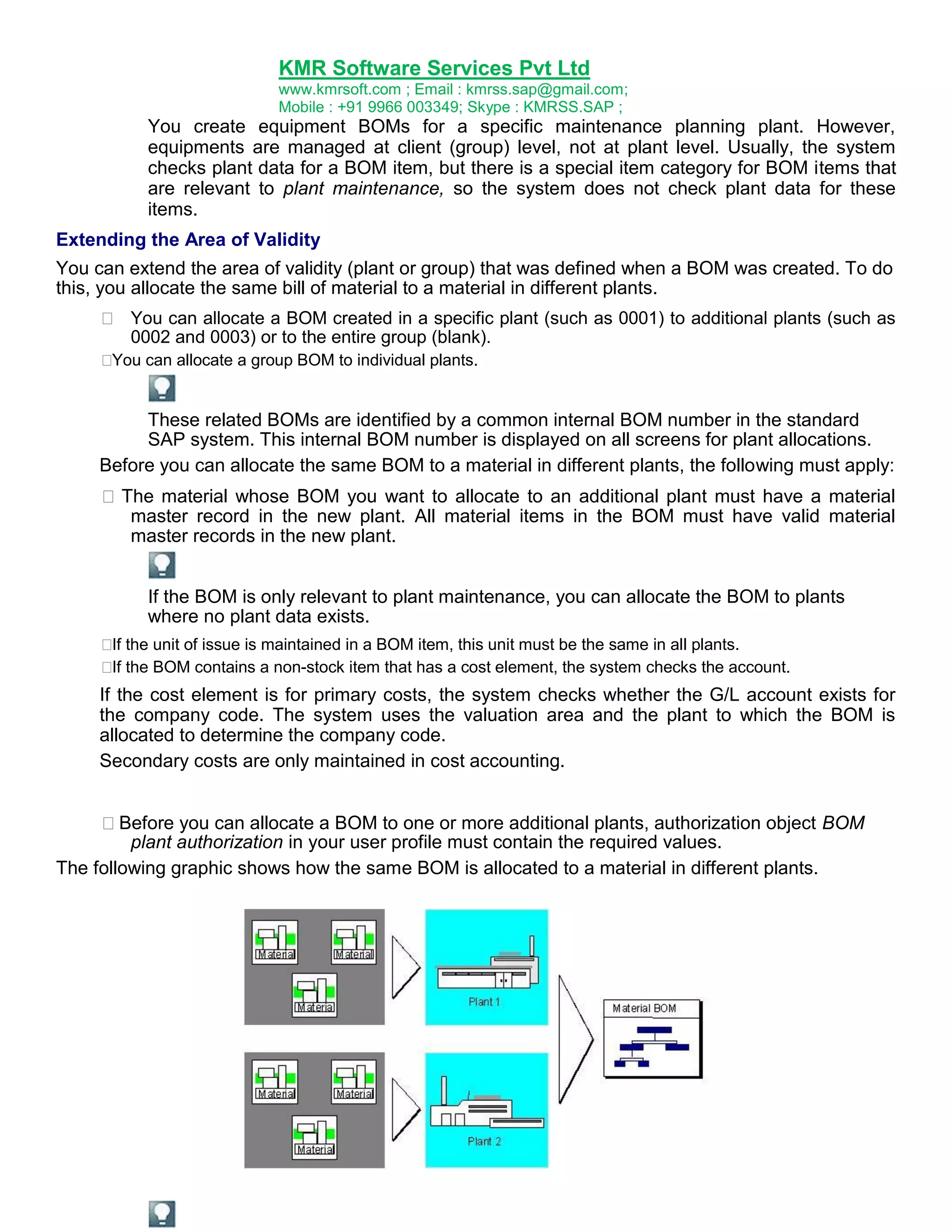KMR Software Services Pvt Ltd
www.kmrsoft.com ; Email : kmrss.sap@gmail.com;
Mobile : +91 9966 003349; Skype : KMRSS.SAP ;

You create equipment BOMs for a specific maintenance planning plant. However,
equipments are managed at client (group) level, not at plant level. Usually, the system
checks plant data for a BOM item, but there is a special item category for BOM items that
are relevant to plant maintenance, so the system does not check plant data for these
items.
Extending the Area of Validity
You can extend the area of validity (plant or group) that was defined when a BOM was created. To do
this, you allocate the same bill of material to a material in different plants.


 You can allocate a BOM created in a specific plant (such as 0001) to additional plants (such as
0002 and 0003) or to the entire group (blank). 

You can allocate a group BOM to individual plants. 

These related BOMs are identified by a common internal BOM number in the standard
SAP system. This internal BOM number is displayed on all screens for plant allocations.
Before you can allocate the same BOM to a material in different plants, the following must apply:
The material whose BOM you want to allocate to an additional plant must have a material
master record in the new plant. All material items in the BOM must have valid material
master records in the new plant.
If the BOM is only relevant to plant maintenance, you can allocate the BOM to plants
where no plant data exists.


 the unit of issue is maintained in a BOM item, this unit must be the same in all plants. 
If
 the BOM contains a non-stock item that has a cost element, the system checks the account. 
If

If the cost element is for primary costs, the system checks whether the G/L account exists for
the company code. The system uses the valuation area and the plant to which the BOM is
allocated to determine the company code.
Secondary costs are only maintained in cost accounting.
Before you can allocate a BOM to one or more additional plants, authorization object BOM
plant authorization in your user profile must contain the required values.
The following graphic shows how the same BOM is allocated to a material in different plants.

 