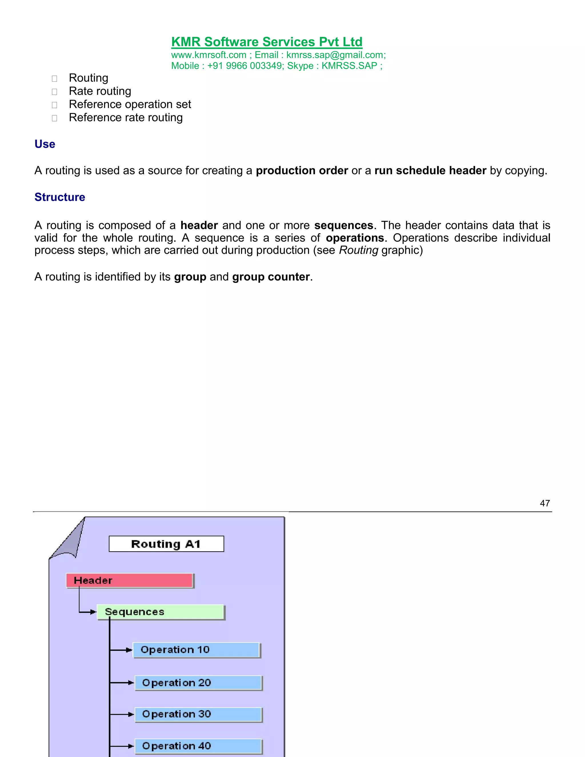 KMR Software Services Pvt Ltd
www.kmrsoft.com ; Email : kmrss.sap@gmail.com;
Mobile : +91 9966 003349; Skype : KMRSS.SAP ;








Routing 
Rate routing 
Reference operation set 
Reference rate routing 

Use
A routing is used as a source for creating a production order or a run schedule header by copying.
Structure
A routing is composed of a header and one or more sequences. The header contains data that is
valid for the whole routing. A sequence is a series of operations. Operations describe individual
process steps, which are carried out during production (see Routing graphic)
A routing is identified by its group and group counter.

47

 