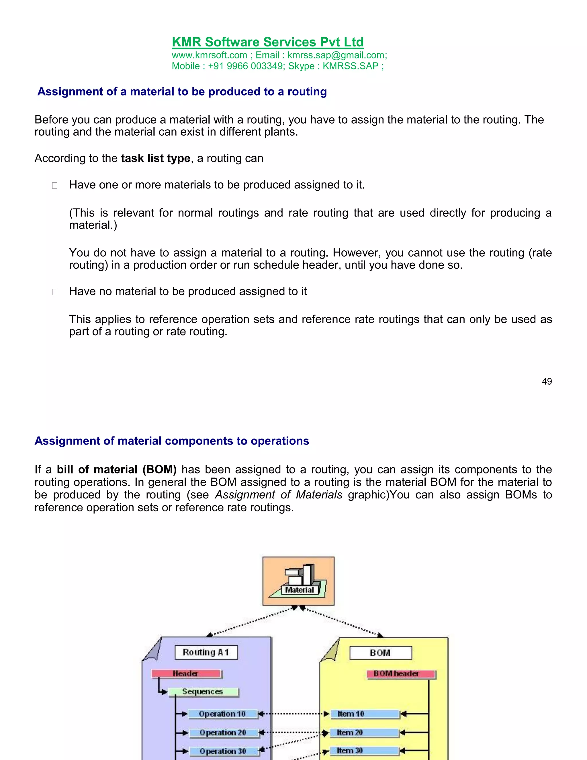 KMR Software Services Pvt Ltd
www.kmrsoft.com ; Email : kmrss.sap@gmail.com;
Mobile : +91 9966 003349; Skype : KMRSS.SAP ;

Assignment of a material to be produced to a routing
Before you can produce a material with a routing, you have to assign the material to the routing. The
routing and the material can exist in different plants.
According to the task list type, a routing can


Have one or more materials to be produced assigned to it. 



(This is relevant for normal routings and rate routing that are used directly for producing a
material.) 


You do not have to assign a material to a routing. However, you cannot use the routing (rate
routing) in a production order or run schedule header, until you have done so. 



Have no material to be produced assigned to it 



This applies to reference operation sets and reference rate routings that can only be used as
part of a routing or rate routing. 

49

Assignment of material components to operations
If a bill of material (BOM) has been assigned to a routing, you can assign its components to the
routing operations. In general the BOM assigned to a routing is the material BOM for the material to
be produced by the routing (see Assignment of Materials graphic)You can also assign BOMs to
reference operation sets or reference rate routings.

 