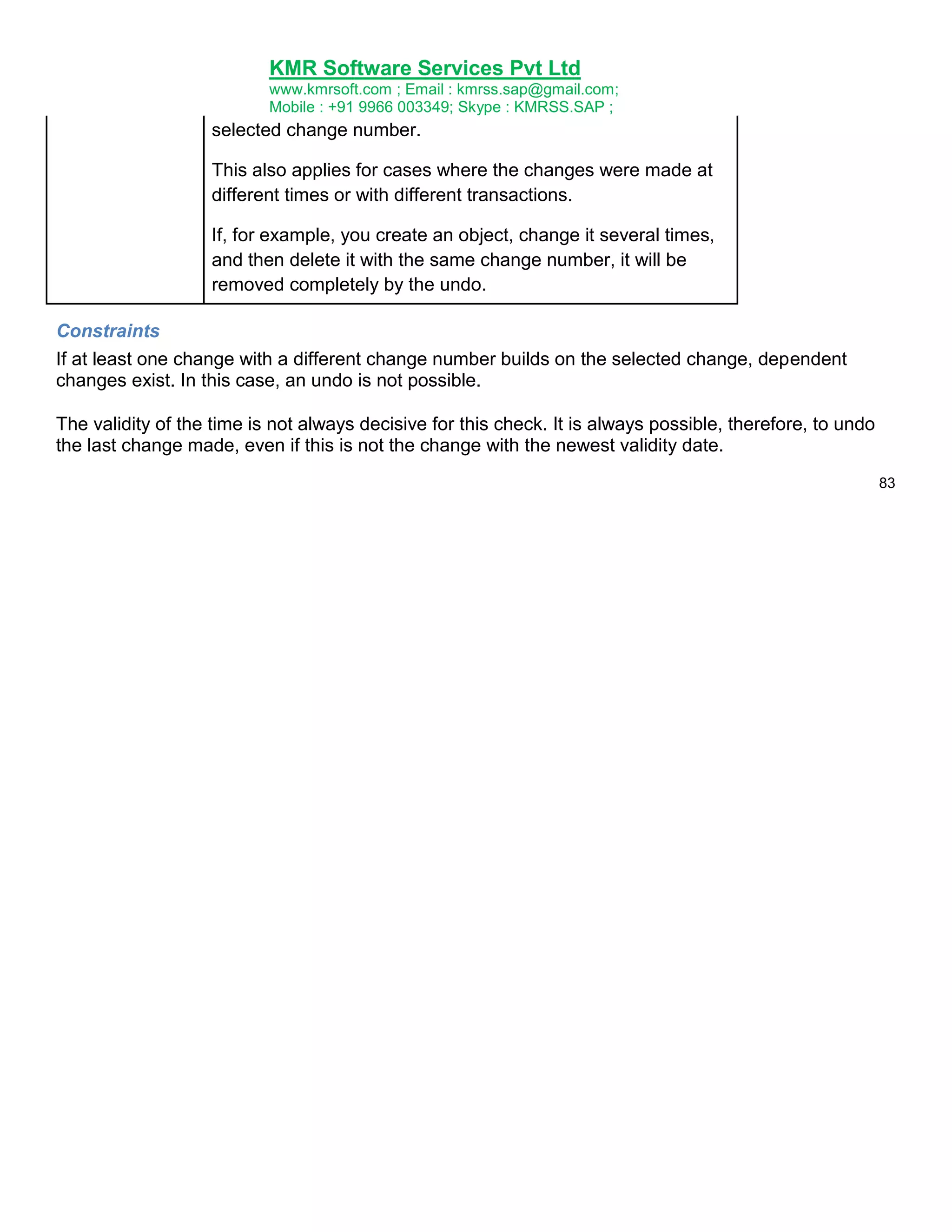 KMR Software Services Pvt Ltd
www.kmrsoft.com ; Email : kmrss.sap@gmail.com;
Mobile : +91 9966 003349; Skype : KMRSS.SAP ;

selected change number.
This also applies for cases where the changes were made at
different times or with different transactions.
If, for example, you create an object, change it several times,
and then delete it with the same change number, it will be
removed completely by the undo.
Constraints
If at least one change with a different change number builds on the selected change, dependent
changes exist. In this case, an undo is not possible.
The validity of the time is not always decisive for this check. It is always possible, therefore, to undo
the last change made, even if this is not the change with the newest validity date.
83

 