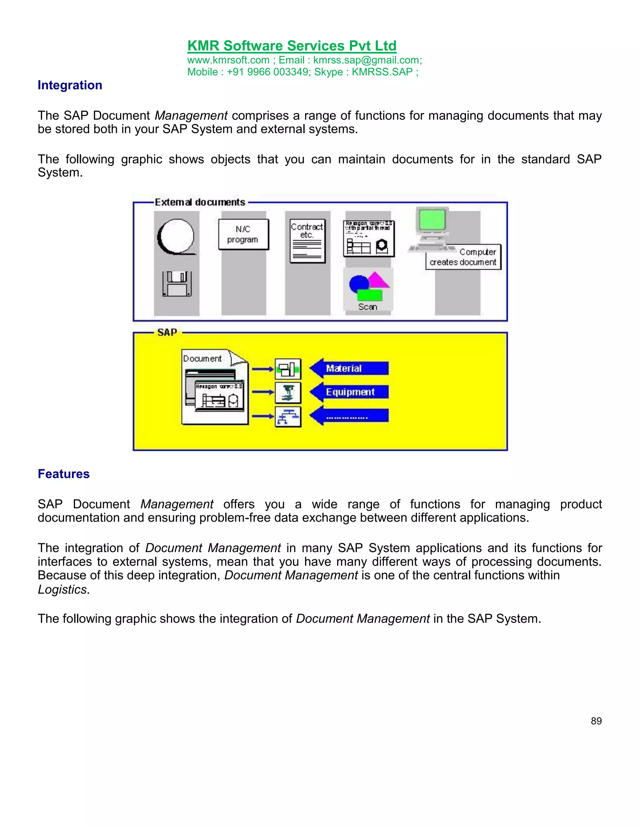KMR Software Services Pvt Ltd
www.kmrsoft.com ; Email : kmrss.sap@gmail.com;
Mobile : +91 9966 003349; Skype : KMRSS.SAP ;

Integration
The SAP Document Management comprises a range of functions for managing documents that may
be stored both in your SAP System and external systems.
The following graphic shows objects that you can maintain documents for in the standard SAP
System.

Features
SAP Document Management offers you a wide range of functions for managing product
documentation and ensuring problem-free data exchange between different applications.
The integration of Document Management in many SAP System applications and its functions for
interfaces to external systems, mean that you have many different ways of processing documents.
Because of this deep integration, Document Management is one of the central functions within
Logistics.
The following graphic shows the integration of Document Management in the SAP System.

89

 
