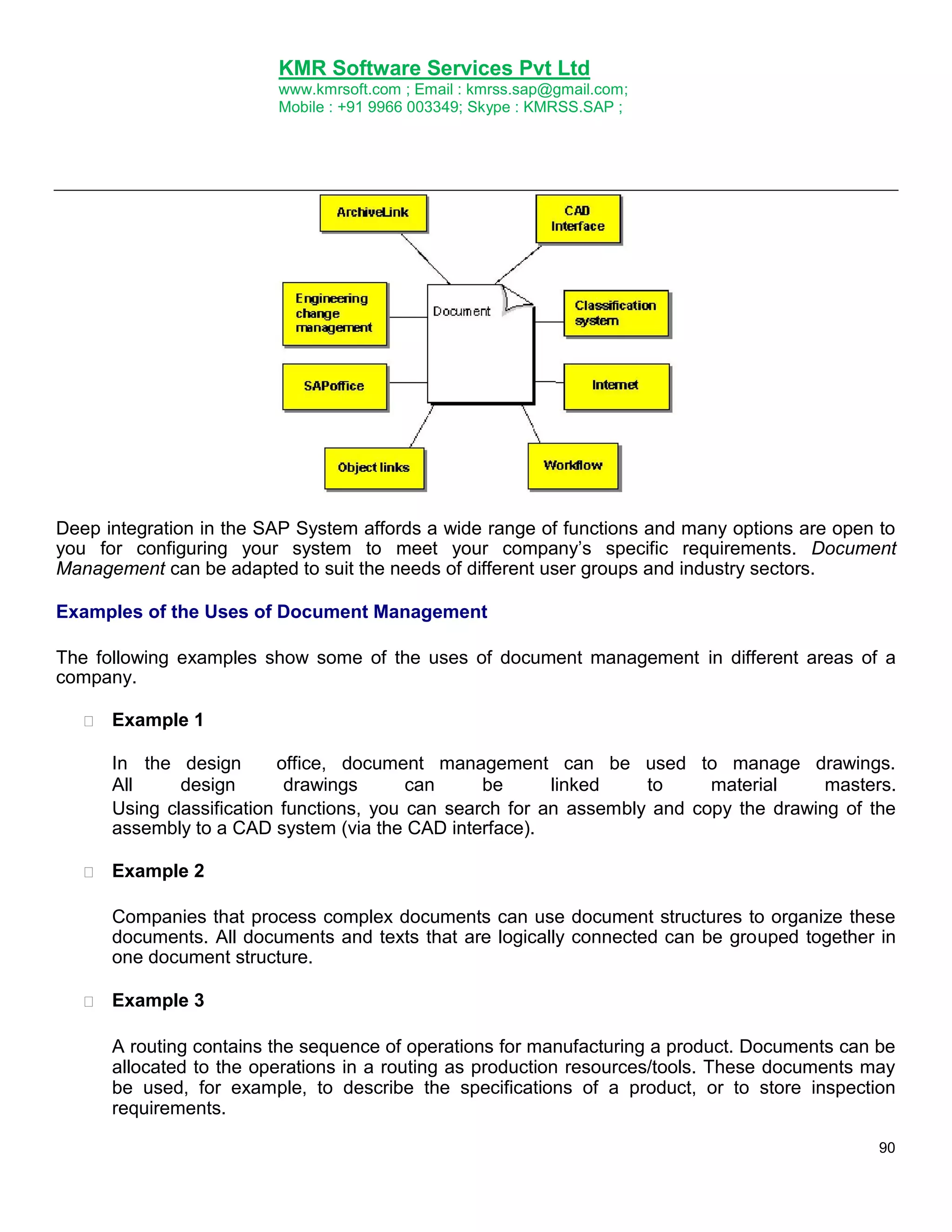 KMR Software Services Pvt Ltd
www.kmrsoft.com ; Email : kmrss.sap@gmail.com;
Mobile : +91 9966 003349; Skype : KMRSS.SAP ;

Deep integration in the SAP System affords a wide range of functions and many options are open to
you for configuring your system to meet your company‟s specific requirements. Document
Management can be adapted to suit the needs of different user groups and industry sectors.
Examples of the Uses of Document Management
The following examples show some of the uses of document management in different areas of a
company.


Example 1 
In the design
office, document management can be used to manage drawings.
All
design
drawings
can
be
linked
to
material
masters.
Using classification functions, you can search for an assembly and copy the drawing of the
assembly to a CAD system (via the CAD interface).



Example 2 



Companies that process complex documents can use document structures to organize these
documents. All documents and texts that are logically connected can be grouped together in
one document structure. 



Example 3 
A routing contains the sequence of operations for manufacturing a product. Documents can be
allocated to the operations in a routing as production resources/tools. These documents may
be used, for example, to describe the specifications of a product, or to store inspection
requirements.
90

 
