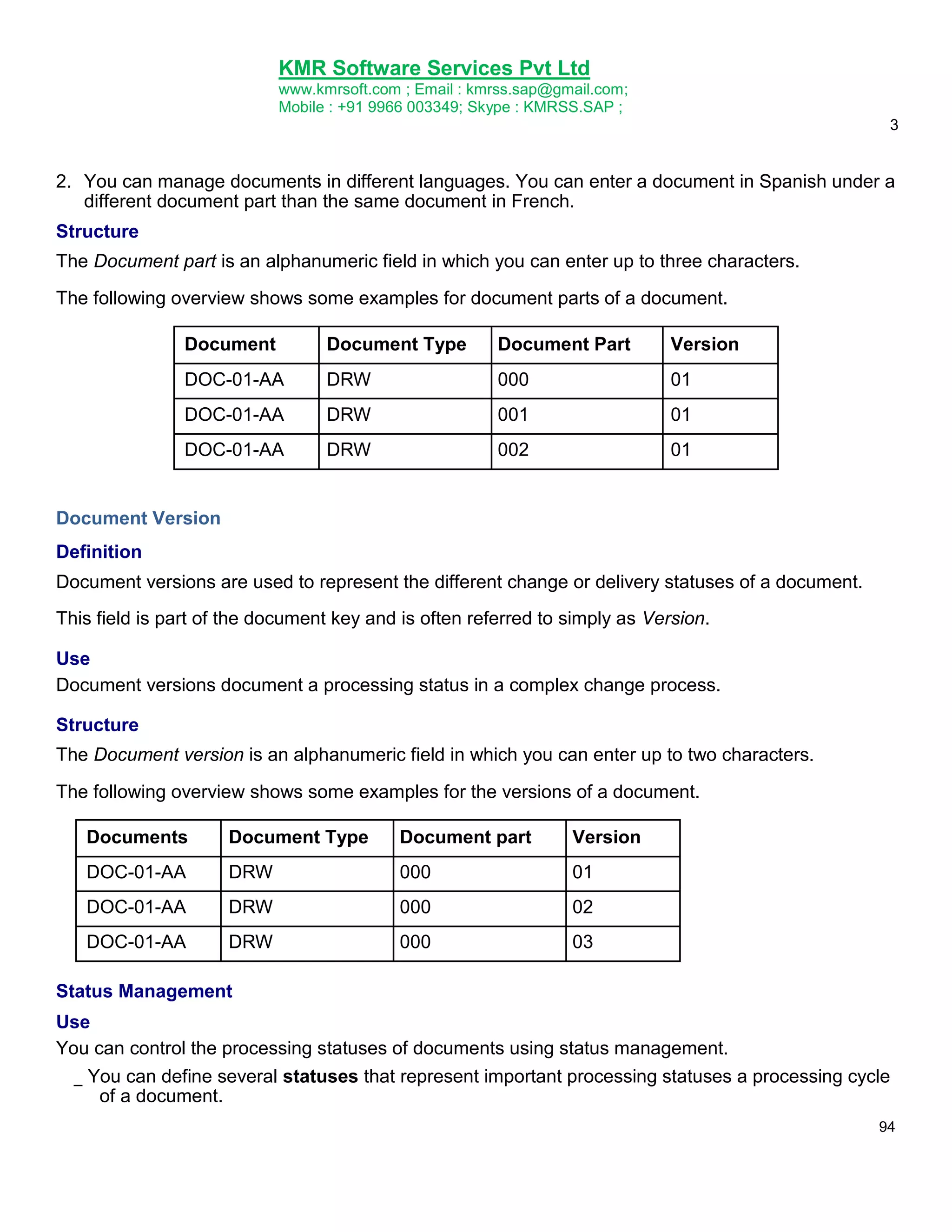 KMR Software Services Pvt Ltd
www.kmrsoft.com ; Email : kmrss.sap@gmail.com;
Mobile : +91 9966 003349; Skype : KMRSS.SAP ;
3

2. You can manage documents in different languages. You can enter a document in Spanish under a
different document part than the same document in French.
Structure
The Document part is an alphanumeric field in which you can enter up to three characters.
The following overview shows some examples for document parts of a document.
Document

Document Type

Document Part

Version

DOC-01-AA

DRW

000

01

DOC-01-AA

DRW

001

01

DOC-01-AA

DRW

002

01

Document Version
Definition
Document versions are used to represent the different change or delivery statuses of a document.
This field is part of the document key and is often referred to simply as Version.
Use
Document versions document a processing status in a complex change process.
Structure
The Document version is an alphanumeric field in which you can enter up to two characters.
The following overview shows some examples for the versions of a document.
Documents

Document Type

Document part

Version

DOC-01-AA

DRW

000

01

DOC-01-AA

DRW

000

02

DOC-01-AA

DRW

000

03

Status Management
Use
You can control the processing statuses of documents using status management.
_ You can define several statuses that represent important processing statuses a processing cycle
of a document.
94

 