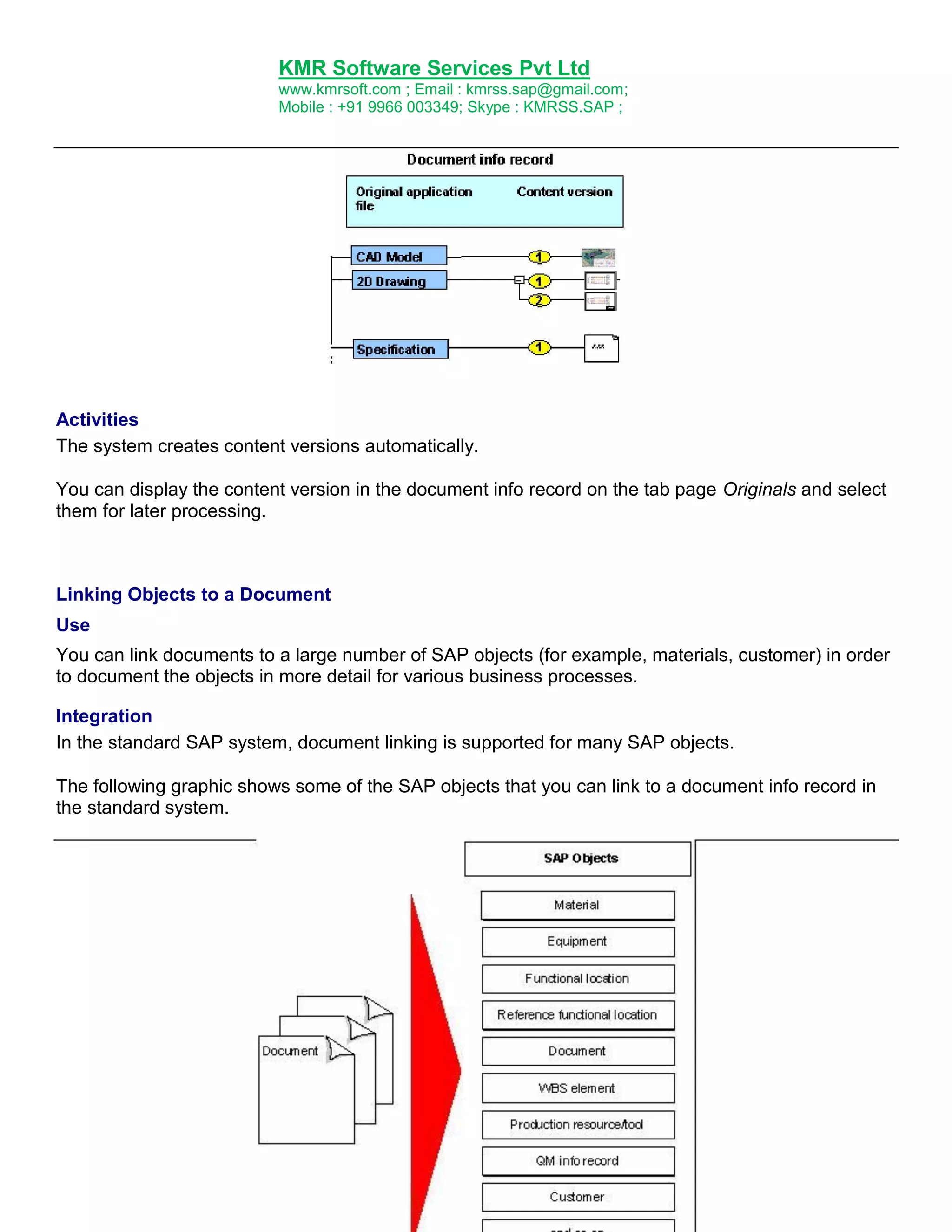 KMR Software Services Pvt Ltd
www.kmrsoft.com ; Email : kmrss.sap@gmail.com;
Mobile : +91 9966 003349; Skype : KMRSS.SAP ;

Activities
The system creates content versions automatically.
You can display the content version in the document info record on the tab page Originals and select
them for later processing.

Linking Objects to a Document
Use
You can link documents to a large number of SAP objects (for example, materials, customer) in order
to document the objects in more detail for various business processes.
Integration
In the standard SAP system, document linking is supported for many SAP objects.
The following graphic shows some of the SAP objects that you can link to a document info record in
the standard system.

 