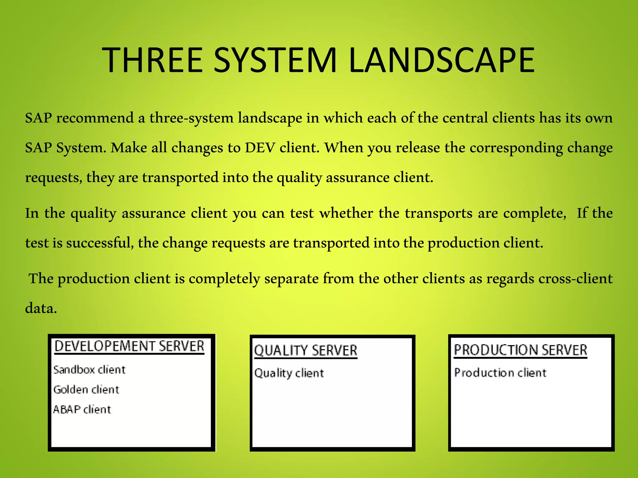 THREE SYSTEM LANDSCAPE
SAP recommend a three-system landscape in which each of the central clients has its own
SAP System. Make all changes to DEV client. When you release the corresponding change
requests,theyaretransportedintothequalityassurance client.
In the quality assurance client you can test whether the transports are complete, If the
testissuccessful,thechangerequestsaretransportedintotheproductionclient.
The production client is completely separate from the other clients as regards cross-client
data.
 