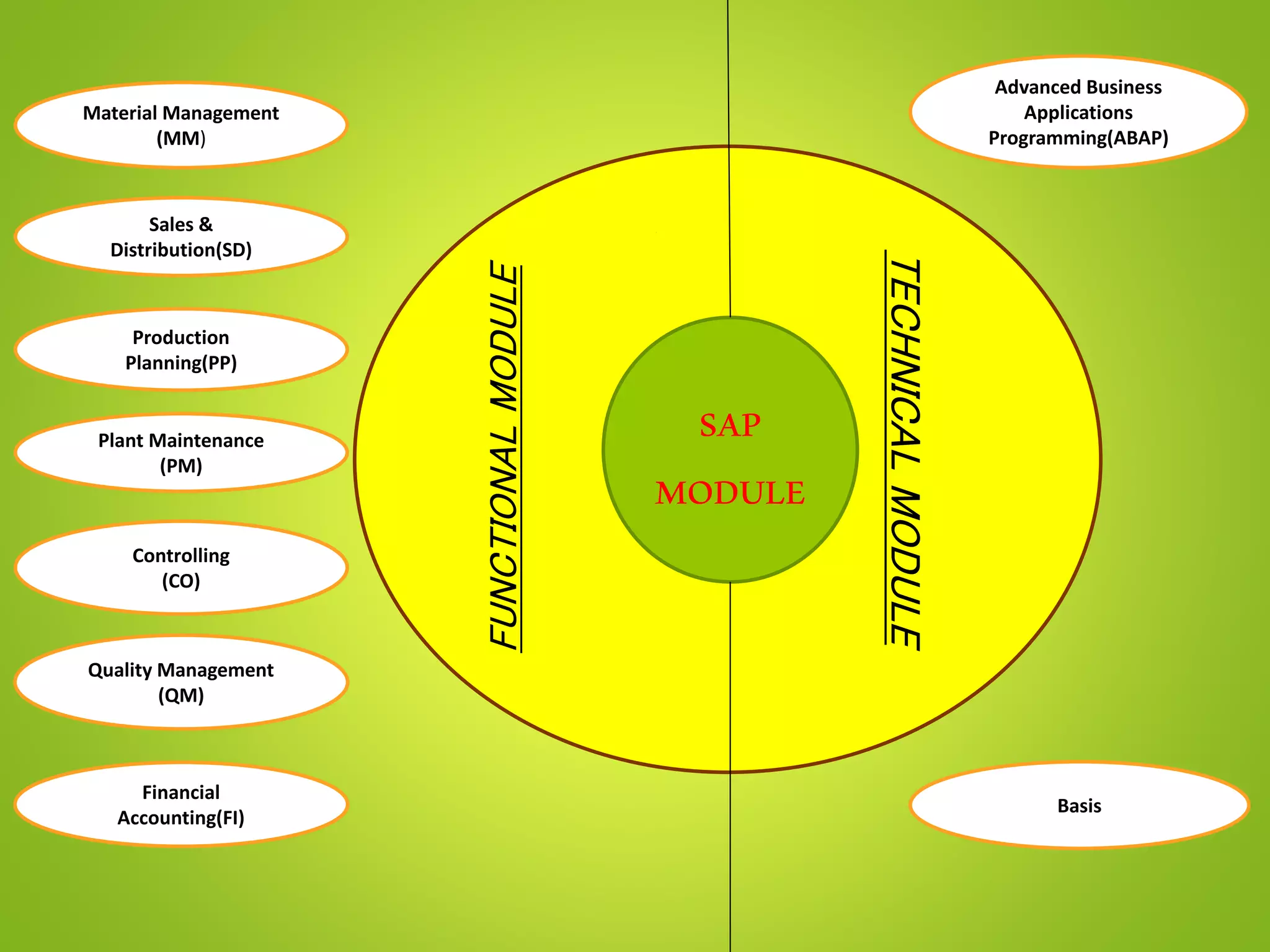 FUNCTIONALMODULE
SAP
MODULE
TECHNICALMODULE
Material Management
(MM)
Sales &
Distribution(SD)
Production
Planning(PP)
Plant Maintenance
(PM)
Controlling
(CO)
Quality Management
(QM)
Financial
Accounting(FI)
Advanced Business
Applications
Programming(ABAP)
Basis
 