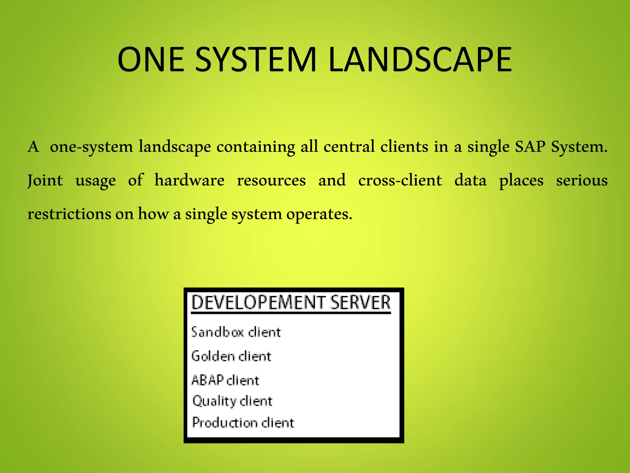 ONE SYSTEM LANDSCAPE
A one-system landscape containing all central clients in a single SAP System.
Joint usage of hardware resources and cross-client data places serious
restrictionsonhowasinglesystemoperates.
 