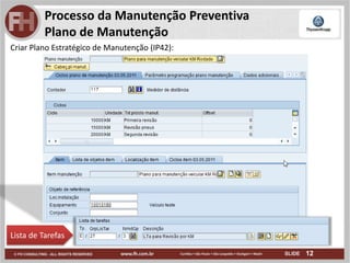 12
Processo da Manutenção Preventiva
Plano de Manutenção
Criar Plano Estratégico de Manutenção (IP42):
Lista de Tarefas
 