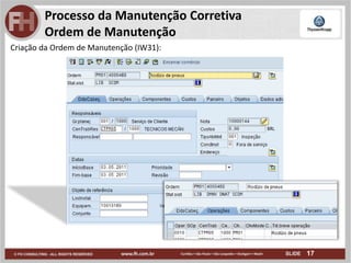 17
Processo da Manutenção Corretiva
Ordem de Manutenção
Criação da Ordem de Manutenção (IW31):
 