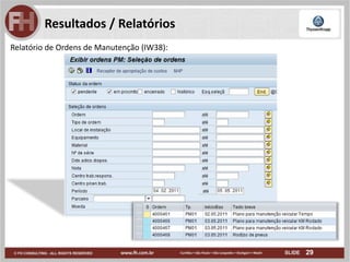29
Resultados / Relatórios
Relatório de Ordens de Manutenção (IW38):
 