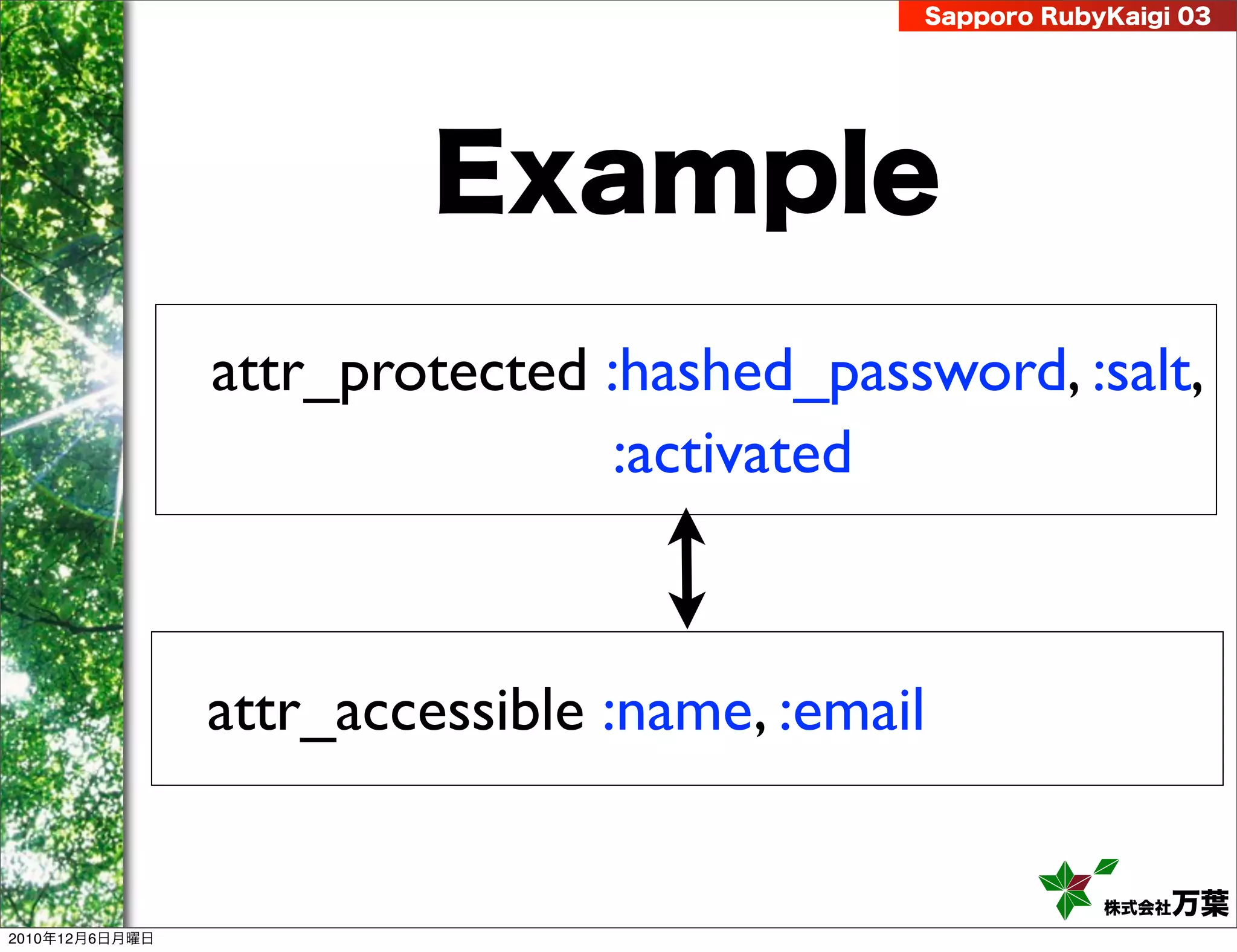Sapporo RubyKaigi 03




                         Example
                attr_protected :hashed_password, :salt,
                                :activated



                attr_accessible :name, :email

                                                        株式会社 万葉
2010年12月6日月曜日
 