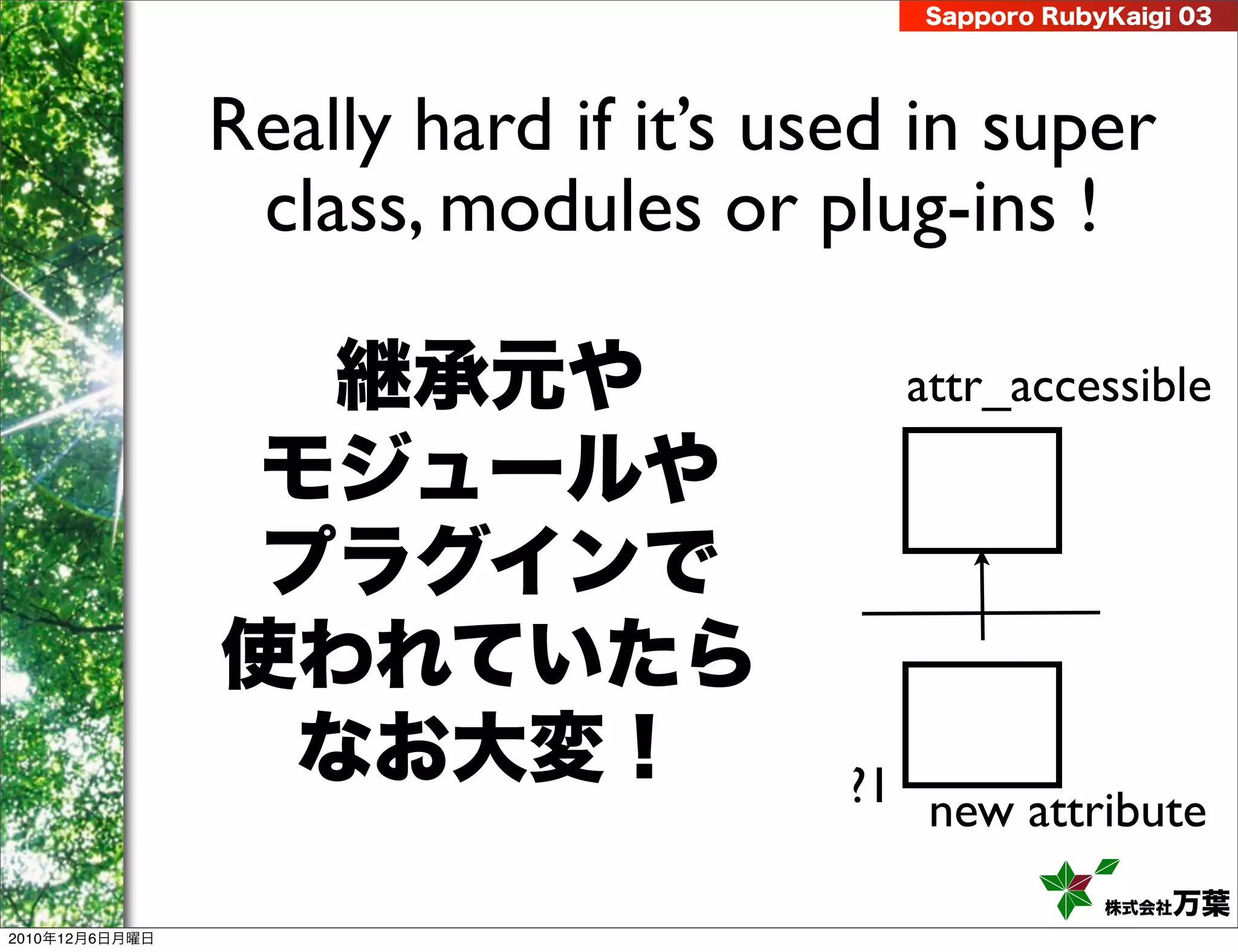 Sapporo RubyKaigi 03




                Really hard if it’s used in super
                 class, modules or plug-ins !

                  継承元や                  attr_accessible
                 モジュールや
                 プラグインで
                使われていたら
                 なお大変！                ?1 new attribute

                                                     株式会社 万葉
2010年12月6日月曜日
 