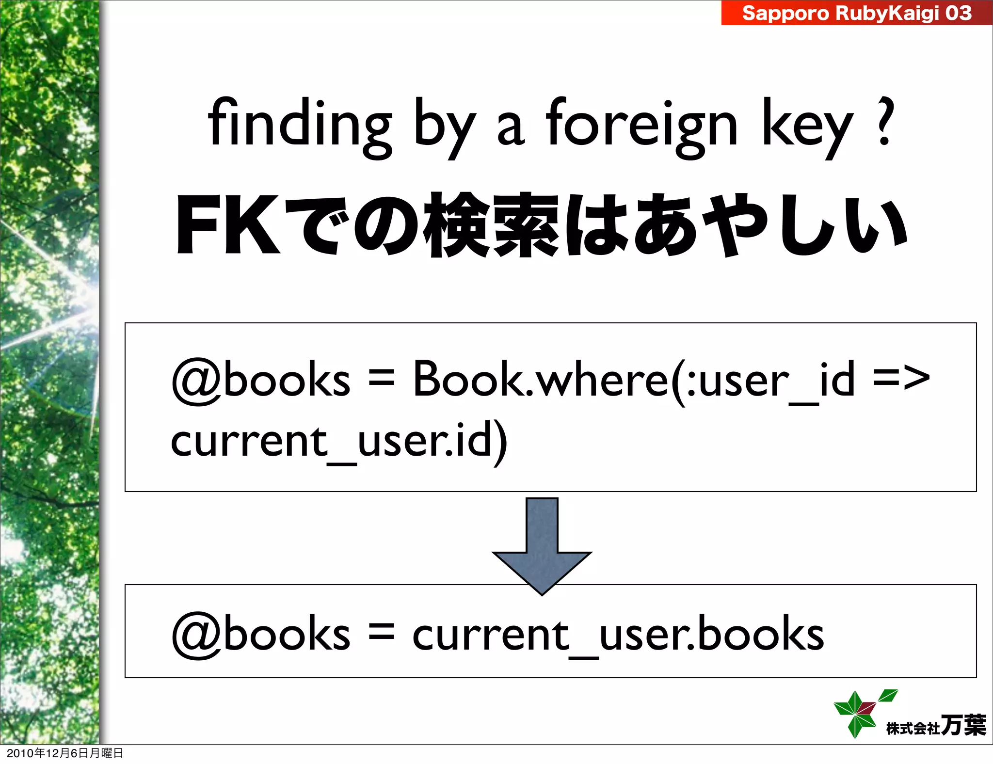 Sapporo RubyKaigi 03




                 ﬁnding by a foreign key ?
                FKでの検索はあやしい

                @books = Book.where(:user_id =>
                current_user.id)


                @books = current_user.books
                                                   株式会社 万葉
2010年12月6日月曜日
 