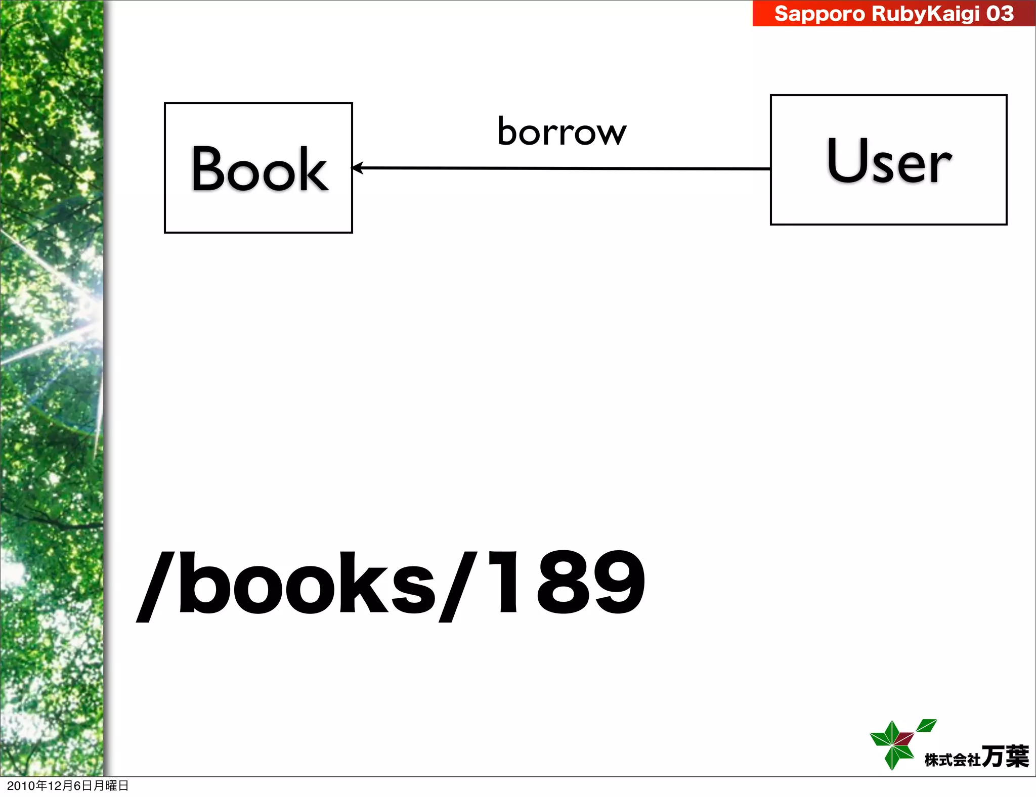 Sapporo RubyKaigi 03




                        borrow
                 Book                User




                /books/189

                                             株式会社 万葉
2010年12月6日月曜日
 