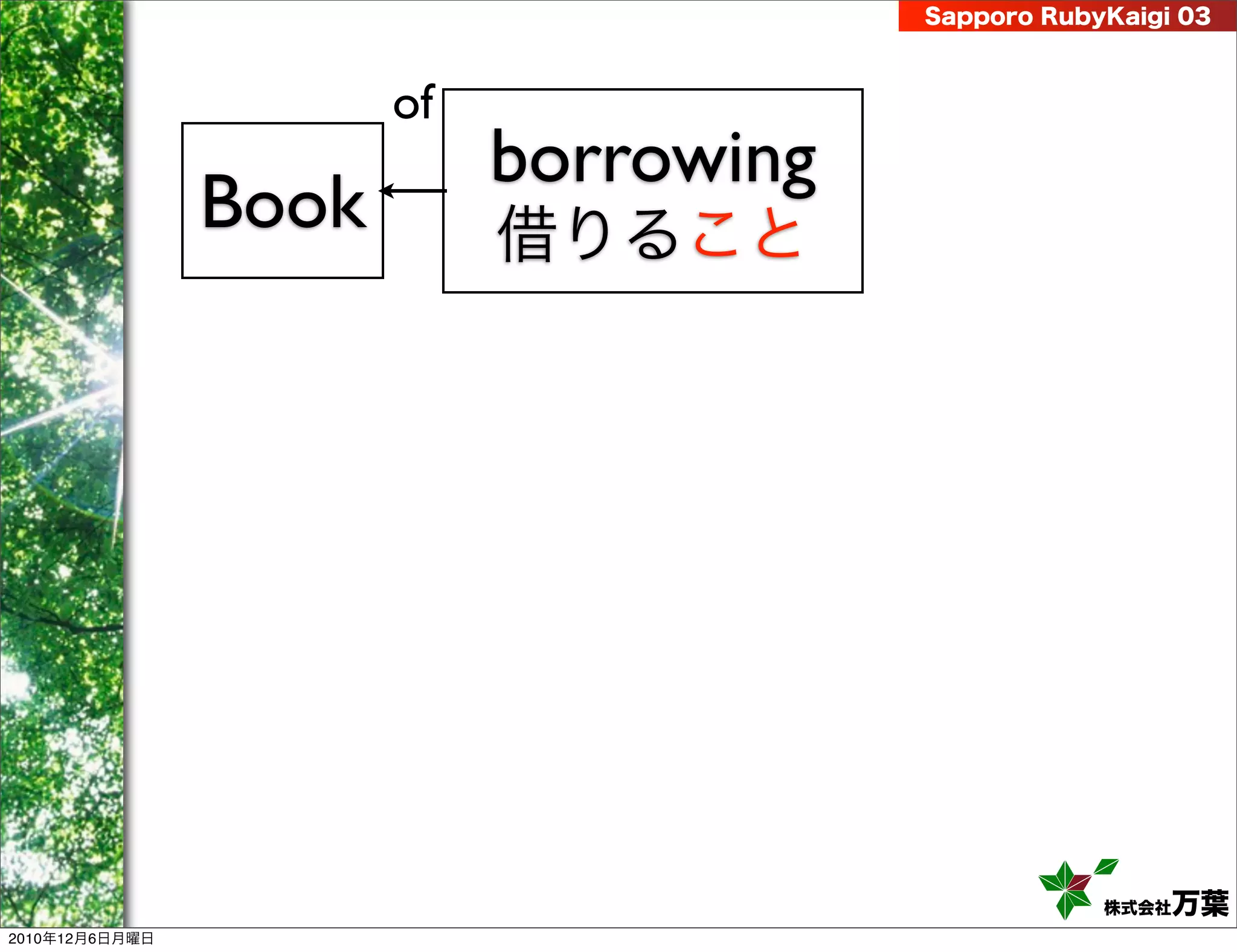 Sapporo RubyKaigi 03



                       of
                            borrowing
                Book        借りること




                                                    株式会社 万葉
2010年12月6日月曜日
 
