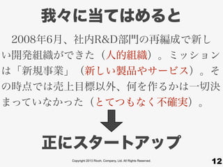 Copyright 2013 Ricoh, Company, Ltd. All Rights Reserved.
我々に当てはめると
 2008年6月、社内R&D部門の再編成で新し
い開発組織ができた（人的組織）。ミッション
は「新規事業」（新しい製品やサービス）。そ
の時点では売上目標以外、何を作るかは一切決
まっていなかった（とてつもなく不確実）。 
12
正にスタートアップ
 