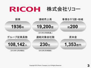 Copyright 2013 Ricoh, Company, Ltd. All Rights Reserved.
3
1936 19,200
108,142
200
230 1,353
2013 3
2012 12 2012 3
 