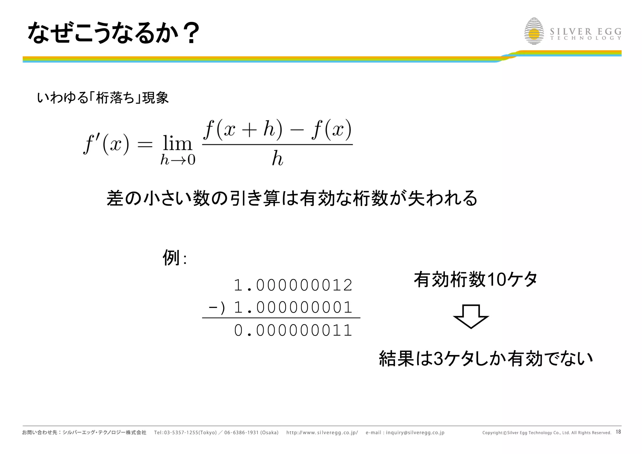 18
なぜこうなるか？
差 小さい数 引き算 有効な桁数が失われる
1.000000012
1.000000001-)
0.000000011
有効桁数10ケタ
いわゆる「桁落ち」現象
結果 3ケタしか有効でない
例：
 