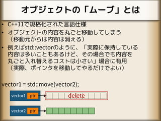 オブジェクトの「ムーブ」とは
• C++11で規格化された言語仕様
• オブジェクトの内容を丸ごと移動してしまう
（移動元からは内容は消える）
• 例えばstd::vectorのように、「実際に保持している
内容は多いこともあるけど、その場合でも内容を
丸ごと入れ替えるコストは小さい」場合に有用
（実際、ポインタを移動してやるだけでよい）
vector1 = std::move(vector2);
vector1
vector2
ptr
ptr
delete
 