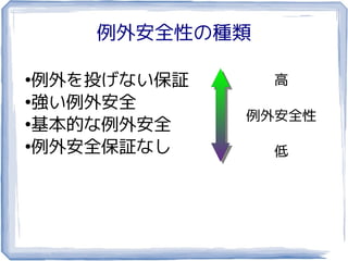 例外安全性の種類

●
  例外を投げない保証     高
●
  強い例外安全
              例外安全性
●
  基本的な例外安全
●
  例外安全保証なし      低
 