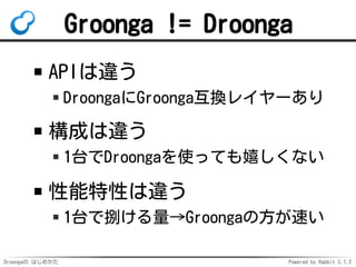 Droongaの はじめかた Powered by Rabbit 2.1.2
Groonga != Droonga
APIは違う
DroongaにGroonga互換レイヤーあり
構成は違う
1台でDroongaを使っても嬉しくない
性能特性は違...