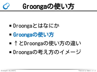 Droongaの はじめかた Powered by Rabbit 2.1.2
Groongaの使い方
Droongaとはなにか
Groongaの使い方
↑とDroongaの使い方の違い
Droongaの考え方のイメージ
 