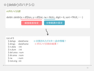 11
◎{deldir}のハナシ①
#ボロノイ分割
deldir::deldir(x = df$lon, y = df$lat, rw = NULL, digit = 6, sort =TRUE,･･･ )
緯度経度指定 分割範囲の固定
List of 9
$ delsgs :dataframe ←分割されたドロネー点の情報！
$ dirsgs :dataframe ←ボロノイ分割の結果！
$ n.data : int
$ n.dum : int
$ del.area : num
$ dir.area : num
$ rw : num
$ ind.orig : int
 