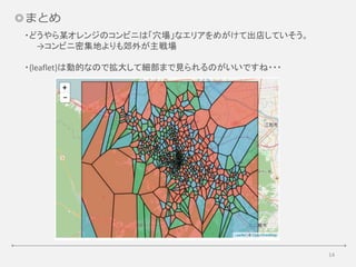 14
◎まとめ
・どうやら某オレンジのコンビニは「穴場」なエリアをめがけて出店していそう。
→コンビニ密集地よりも郊外が主戦場
・{leaflet}は動的なので拡大して細部まで見られるのがいいですね・・・
 