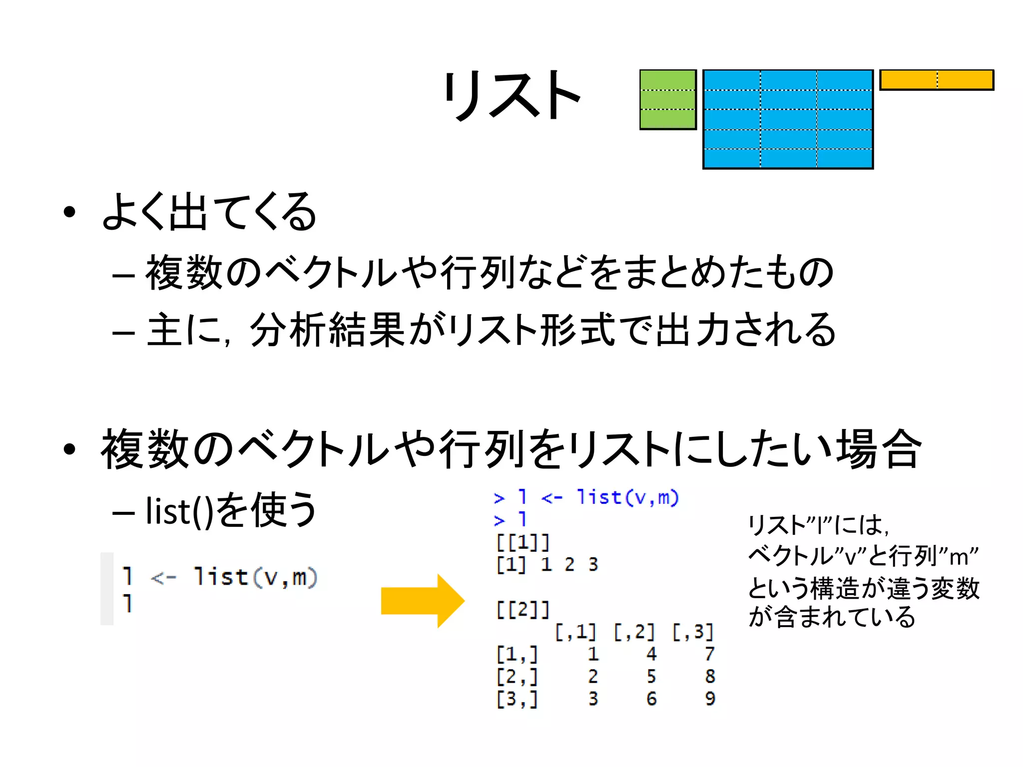 リスト
• よく出てくる
– 複数のベクトルや行列などをまとめたもの
– 主に，分析結果がリスト形式で出力される
• 複数のベクトルや行列をリストにしたい場合
– list()を使う リスト”l”には，
ベクトル”v”と行列”m”
という構造が違う変数
が含まれている
 
