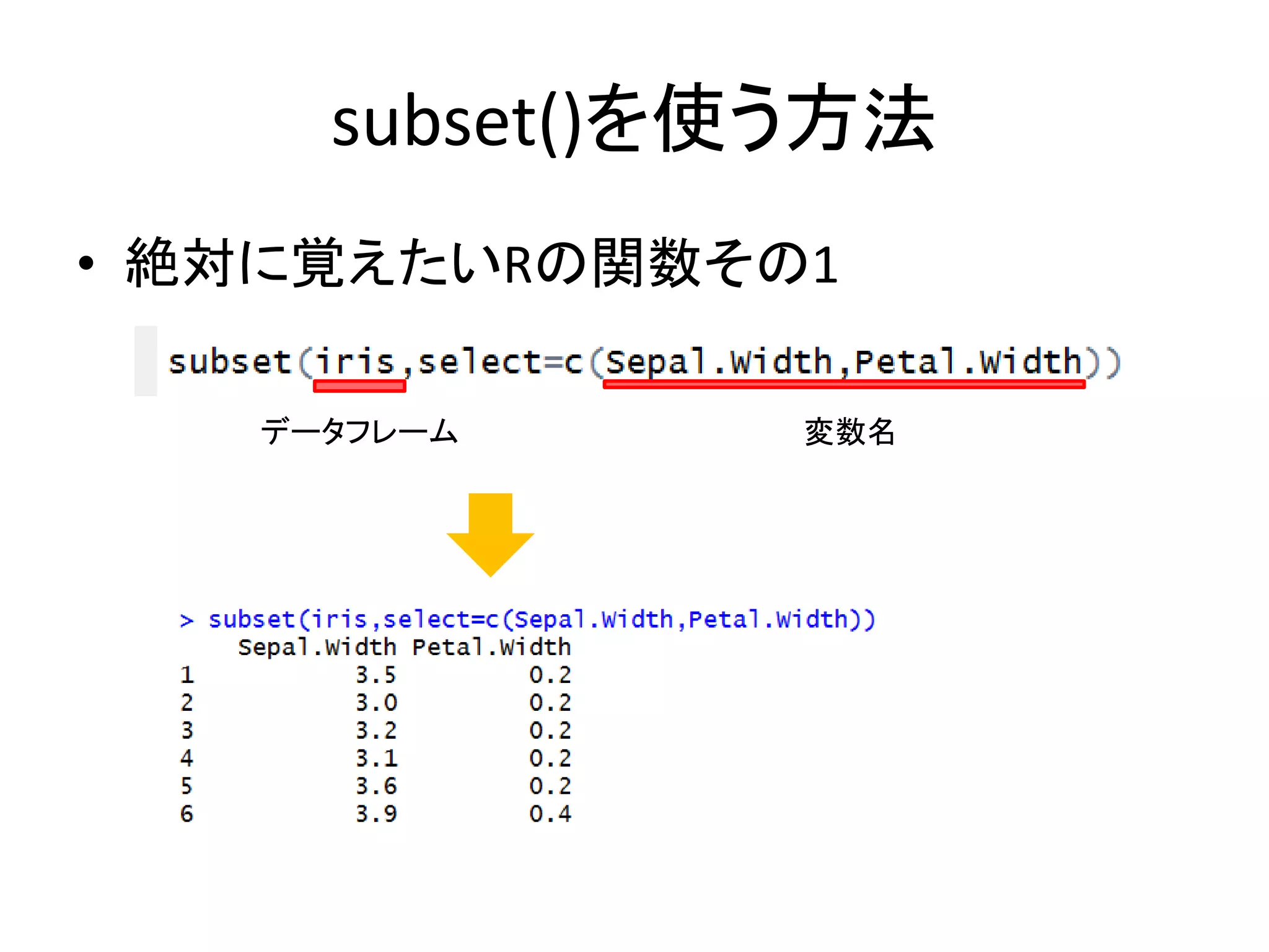 subset()を使う方法
• 絶対に覚えたいRの関数その1
データフレーム 変数名
 