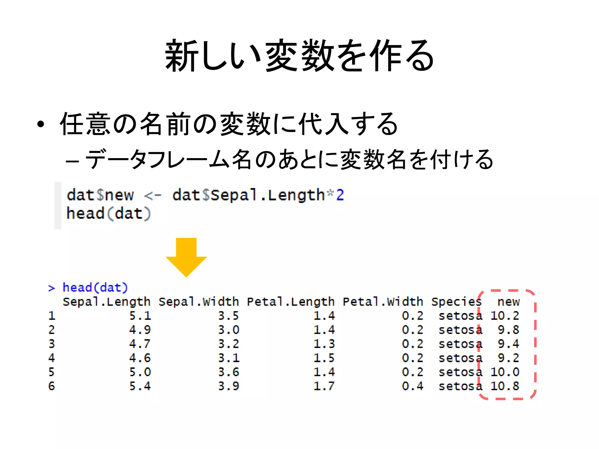 新しい変数を作る
• 任意の名前の変数に代入する
– データフレーム名のあとに変数名を付ける
 