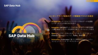 SAP Data Hub
• Orchestrate : デジタルランドスケープ内のデータを調整
してビジネス上の意思決定を促す
• Integrate : SAP EIMポートフォリオによるデータ統合機能
とSAP Voraによるデータ処理を分散ランタイムとして統合
• Open : ビッグデータ中心のオープンなアーキテクチャー
(Hadoop、Cloudストレージ、Kafka、機械学習…)
• Innovative : Kubernetesに基づく革新的なサーバーレス・
コンピューティング アーキテクチャー
エンタープライズ全体のデータ駆動型プロセスを統合
 