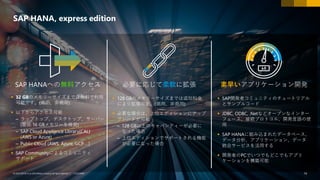 74PUBLIC© 2018 SAP SE or an SAP affiliate company. All rights reserved. ǀ CUSTOMER© 2018 SAP SE or an SAP affiliate company.All rights reserved. ǀ 74
SAP HANA, express edition
SAP HANAへの無料アクセス
▪ 32 GBのメモリーサイズまでは無料で利用
可能です。(商用、非商用)
▪ 以下からアクセス可能
– ラップトップ、デスクトップ、サーバー
(最低 16 GBメモリーを推奨)
– SAP Cloud Appliance Library(CAL)
(AWS or Azure)
– Public Cloud (AWS, Azure, GCP …)
▪ SAP Communityによるコミュニティ
サポート
必要に応じて柔軟に拡張
▪ 128 GBのメモリーサイズまでは追加料金
により拡張可能。(商用、非商用)
▪ 必要な場合は、上位エディションにアップ
グレードが可能
– 128 GB以上のキャパシティーが必要に
なった場合
– 上位エディションでサポートされる機能
が必要になった場合
素早いアプリケーション開発
▪ SAP開発者コミュニティのチュートリアル
とサンプルコード
▪ JDBC, ODBC, .Netなどオープンなインター
フェース、接続プロトコル、開発言語の使
用
▪ SAP HANAに組み込まれたデータベース、
データ分析、アプリケーション、データ
統合サービスを活用する
▪ 開発者のPCでいつでもどこでもアプリ
ケーションを構築可能
 