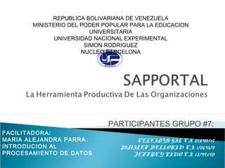 PARTICIPANTES GRUPO #7:
CELEIDYS GIL C.I. 21.540.719
MAILET BELLORIN C.I. 17264678
JEFFREY PINO C.I. 13.799.140
REPUBLICA BOLIVARIANA DE VENEZUELA
MINISTERIO DEL PODER POPULAR PARA LA EDUCACION
UNIVERSITARIA
UNIVERSIDAD NACIONAL EXPERIMENTAL
SIMON RODRIGUEZ
NUCLEO BARCELONA
FACILITADORA:
MARIA ALEJANDRA PARRA
INTRODUCION AL
PROCESAMIENTO DE DATOS
 