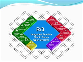 R/3R/3
FIFI
FinancialFinancial
AccountingAccounting
COCO
ControllingControlling
PSPS
ProjectProject
SystemSystem
WFWF
WorkflowWorkflow
ISIS
IndustryIndustry
SolutionsSolutions
MMMM
MaterialsMaterials
Mgmt.Mgmt.
HRHR
HumanHuman
ResourcesResources
SDSD
Sales &Sales &
DistributionDistribution
PPPP
ProductionProduction
PlanningPlanning
QMQM
QualityQuality
ManagementManagement
PMPM
Plant MaintenancePlant Maintenance
SMSM
ServiceService
Manage-Manage-
mentment Integrated SolutionIntegrated Solution
Client / ServerClient / Server
Open SystemsOpen Systems
ECEC
EnterpriseEnterprise
ControllingControlling
AMAM
Fixed AssetsFixed Assets
Mgmt.Mgmt.
 