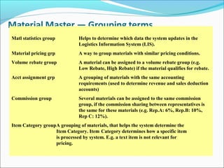 Matl statistics group Helps to determine which data the system updates in the
Logistics Information System (LIS).
Material pricing grp A way to group materials with similar pricing conditions.
Volume rebate group A material can be assigned to a volume rebate group (e.g.
Low Rebate, High Rebate) if the material qualifies for rebate.
Acct assignment grp A grouping of materials with the same accounting
requirements (used to determine revenue and sales deduction
accounts)
Commission group Several materials can be assigned to the same commission
group, if the commission sharing between representatives is
the same for these materials (e.g. Rep.A: 6%, Rep.B: 10%,
Rep C: 12%).
Item Category groupA grouping of materials, that helps the system determine the
Item Category. Item Category determines how a specific item
is processed by system. E.g. a text item is not relevant for
pricing.
 
