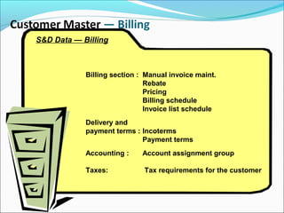 S&D Data — Billing
Billing section : Manual invoice maint.
Rebate
Pricing
Billing schedule
Invoice list schedule
Delivery and
payment terms : Incoterms
Payment terms
Accounting : Account assignment group
Taxes: Tax requirements for the customer
 