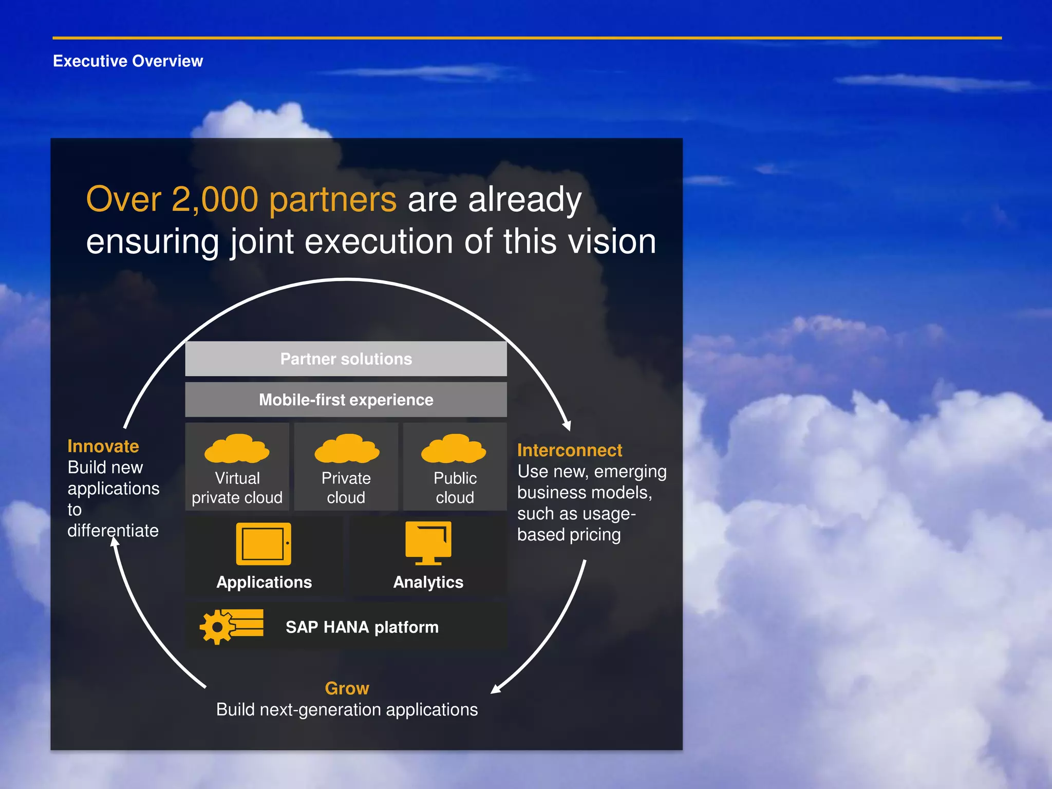 Executive Overview
Over 2,000 partners are already
ensuring joint execution of this vision
Grow
Build next-generation applications
Innovate
Build new
applications
to
differentiate
Interconnect
Use new, emerging
business models,
such as usage-
based pricing
Partner solutions
Analytics
Mobile-first experience
Applications
SAP HANA platform
Virtual
private cloud
Private
cloud
Public
cloud
 