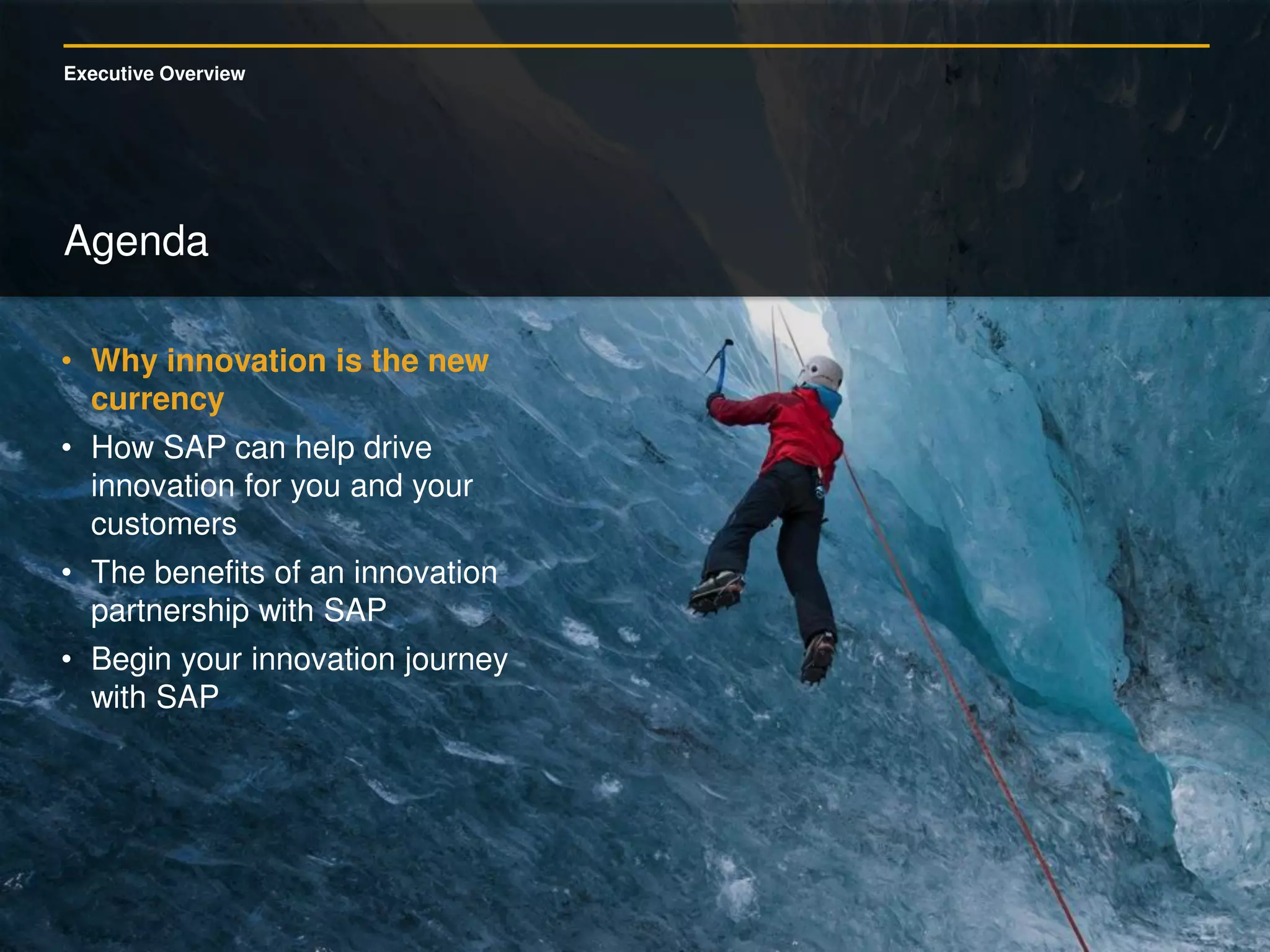 Executive Overview
Agenda
• Why innovation is the new
currency
• How SAP can help drive
innovation for you and your
customers
• The benefits of an innovation
partnership with SAP
• Begin your innovation journey
with SAP
 