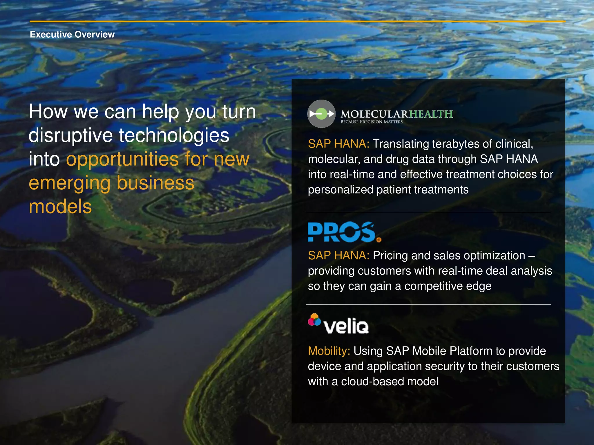 Executive Overview
SAP HANA: Translating terabytes of clinical,
molecular, and drug data through SAP HANA
into real-time and effective treatment choices for
personalized patient treatments
How we can help you turn
disruptive technologies
into opportunities for new
emerging business
models
Mobility: Using SAP Mobile Platform to provide
device and application security to their customers
with a cloud-based model
SAP HANA: Pricing and sales optimization –
providing customers with real-time deal analysis
so they can gain a competitive edge
 