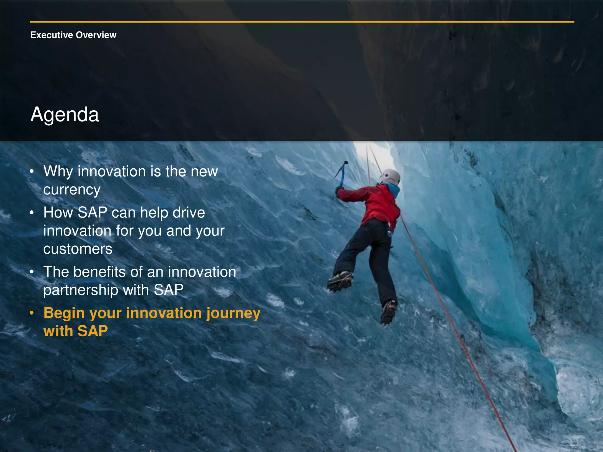 Executive Overview
Agenda
• Why innovation is the new
currency
• How SAP can help drive
innovation for you and your
customers
• The benefits of an innovation
partnership with SAP
• Begin your innovation journey
with SAP
 