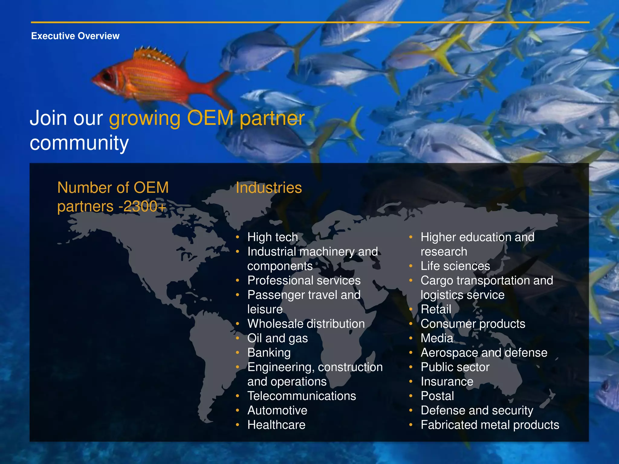Executive Overview
Number of OEM
partners -2300+
Industries
• High tech
• Industrial machinery and
components
• Professional services
• Passenger travel and
leisure
• Wholesale distribution
• Oil and gas
• Banking
• Engineering, construction
and operations
• Telecommunications
• Automotive
• Healthcare
• Higher education and
research
• Life sciences
• Cargo transportation and
logistics service
• Retail
• Consumer products
• Media
• Aerospace and defense
• Public sector
• Insurance
• Postal
• Defense and security
• Fabricated metal products
Join our growing OEM partner
community
 