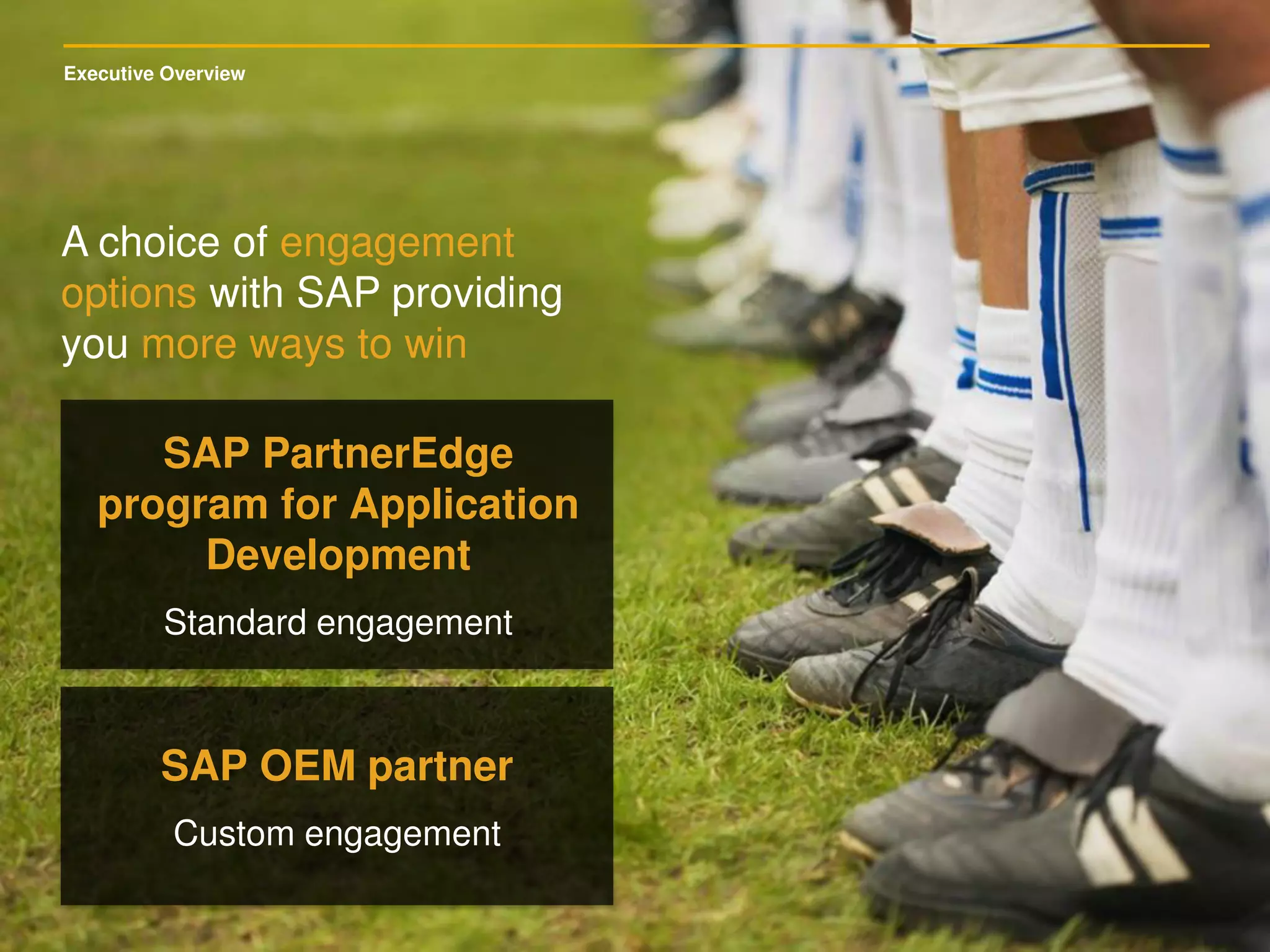 Executive Overview
SAP PartnerEdge
program for Application
Development
Standard engagement
SAP OEM partner
Custom engagement
A choice of engagement
options with SAP providing
you more ways to win
 
