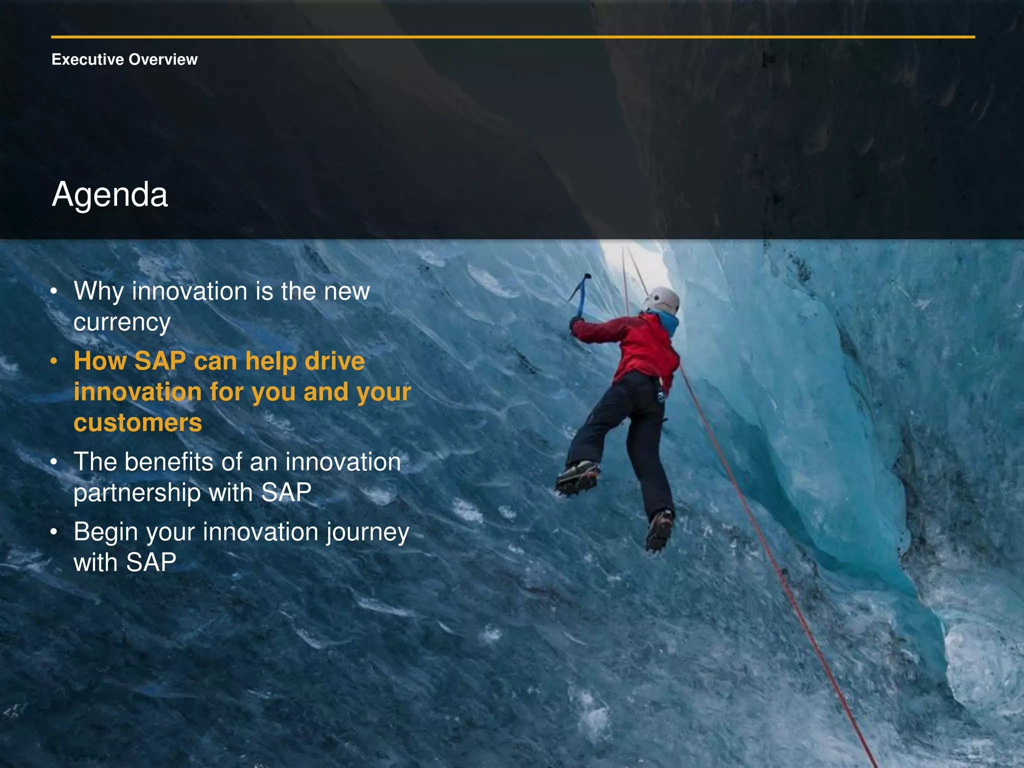 Executive Overview
Agenda
• Why innovation is the new
currency
• How SAP can help drive
innovation for you and your
customers
• The benefits of an innovation
partnership with SAP
• Begin your innovation journey
with SAP
 