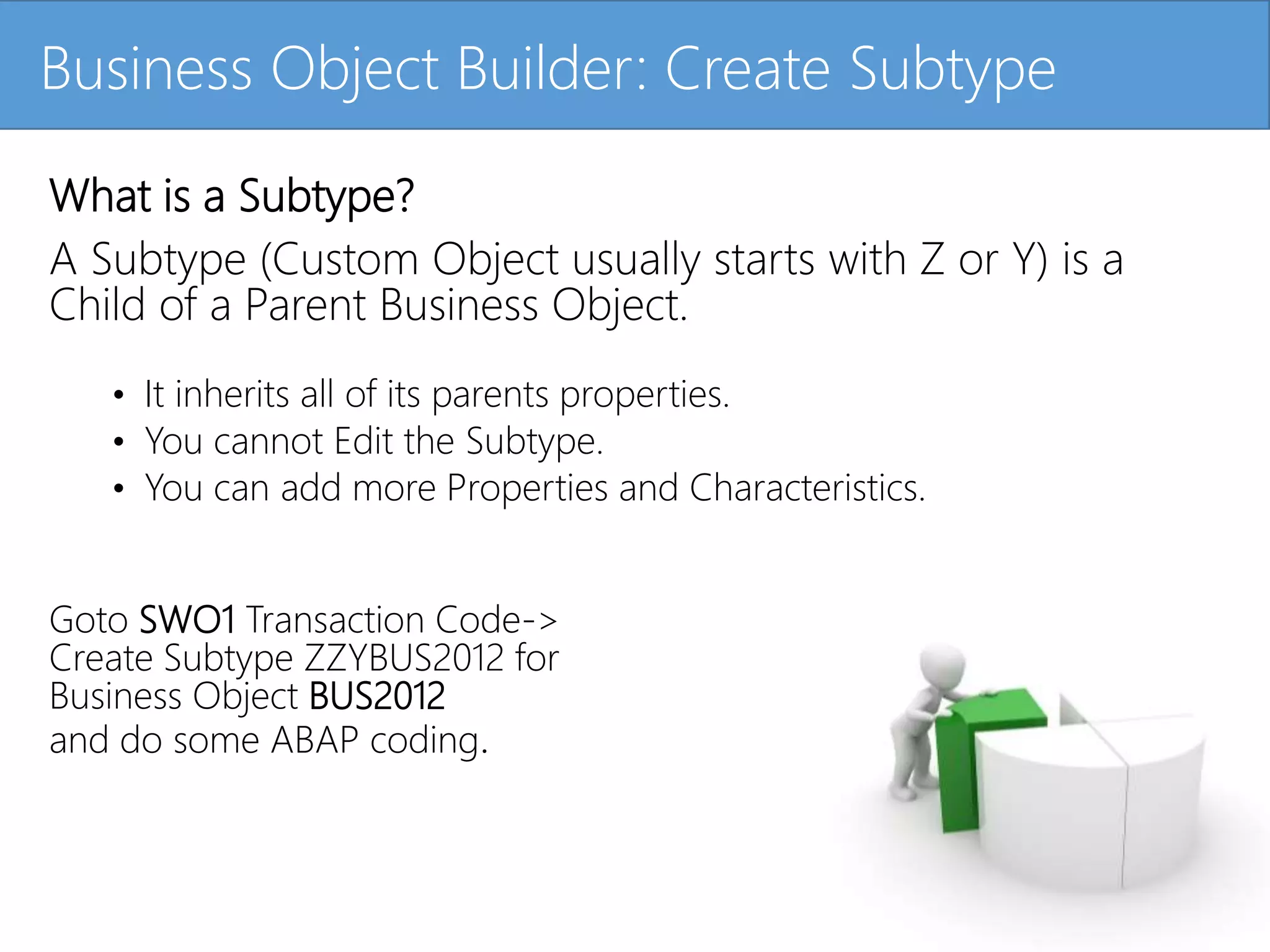Click to edit Master title styleBusiness Object Builder: Create Subtype
What is a Subtype?
A Subtype (Custom Object usually starts with Z or Y) is a
Child of a Parent Business Object.
• It inherits all of its parents properties.
• You cannot Edit the Subtype.
• You can add more Properties and Characteristics.
Goto SWO1 Transaction Code->
Create Subtype ZZYBUS2012 for
Business Object BUS2012
and do some ABAP coding.
 