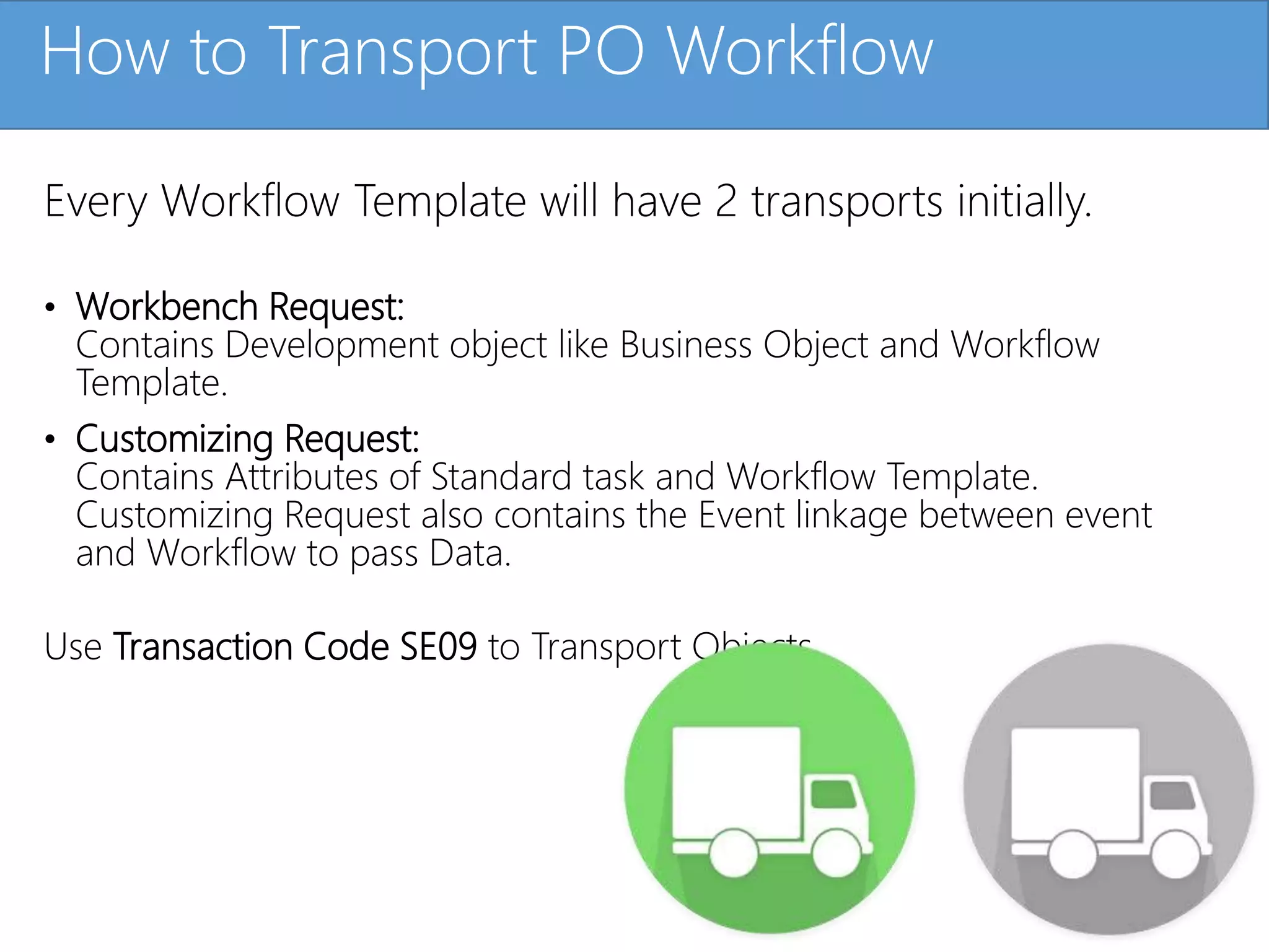 Click to edit Master title styleHow to Transport PO Workflow
Every Workflow Template will have 2 transports initially.
• Workbench Request:
Contains Development object like Business Object and Workflow
Template.
• Customizing Request:
Contains Attributes of Standard task and Workflow Template.
Customizing Request also contains the Event linkage between event
and Workflow to pass Data.
Use Transaction Code SE09 to Transport Objects.
 