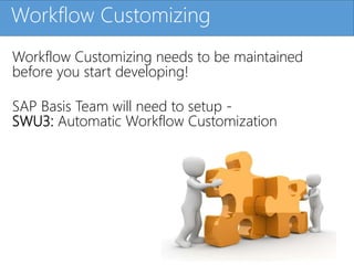 Click to edit Master title styleWorkflow Customizing
Workflow Customizing needs to be maintained
before you start developing!
SAP Basis Team will need to setup -
SWU3: Automatic Workflow Customization
 