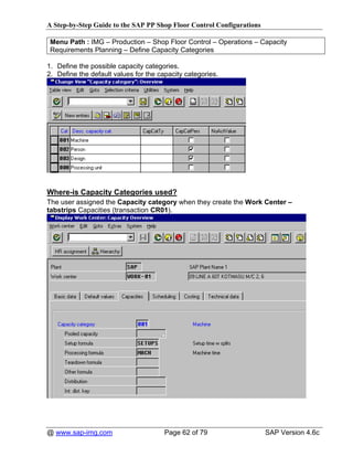 A Step-by-Step Guide to the SAP PP Shop Floor Control Configurations

 Menu Path : IMG – Production – Shop Floor Control – Operations – Capacity
 Requirements Planning – Define Capacity Categories

1. Define the possible capacity categories.
2. Define the default values for the capacity categories.




Where-is Capacity Categories used?
The user assigned the Capacity category when they create the Work Center –
tabstrips Capacities (transaction CR01).




@ www.sap-img.com                      Page 62 of 79                   SAP Version 4.6c
 